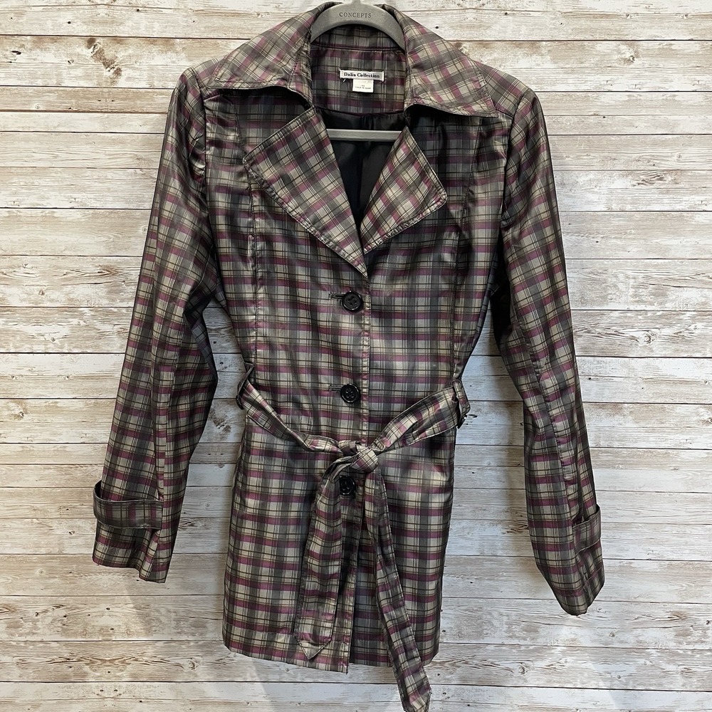 Dalia Collection‎ Womens M Rain Jacket Lined Purple Grey Plaid Belted Button Up